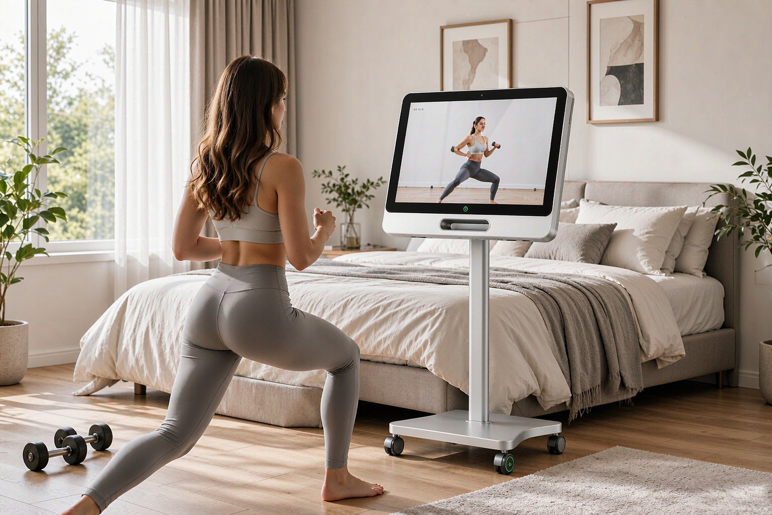 SenseVue portable smart screen on wheeled stand in a cozy bedroom — home fitness and entertainment