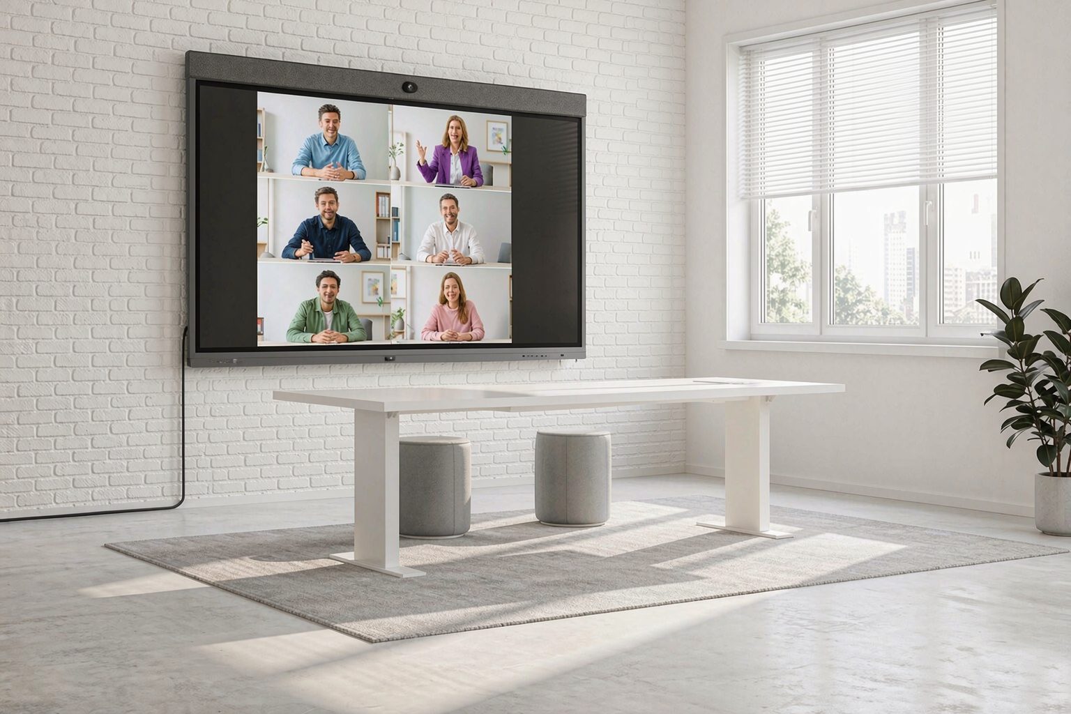 SenseVue IFPD in a modern meeting room — video conference in progress