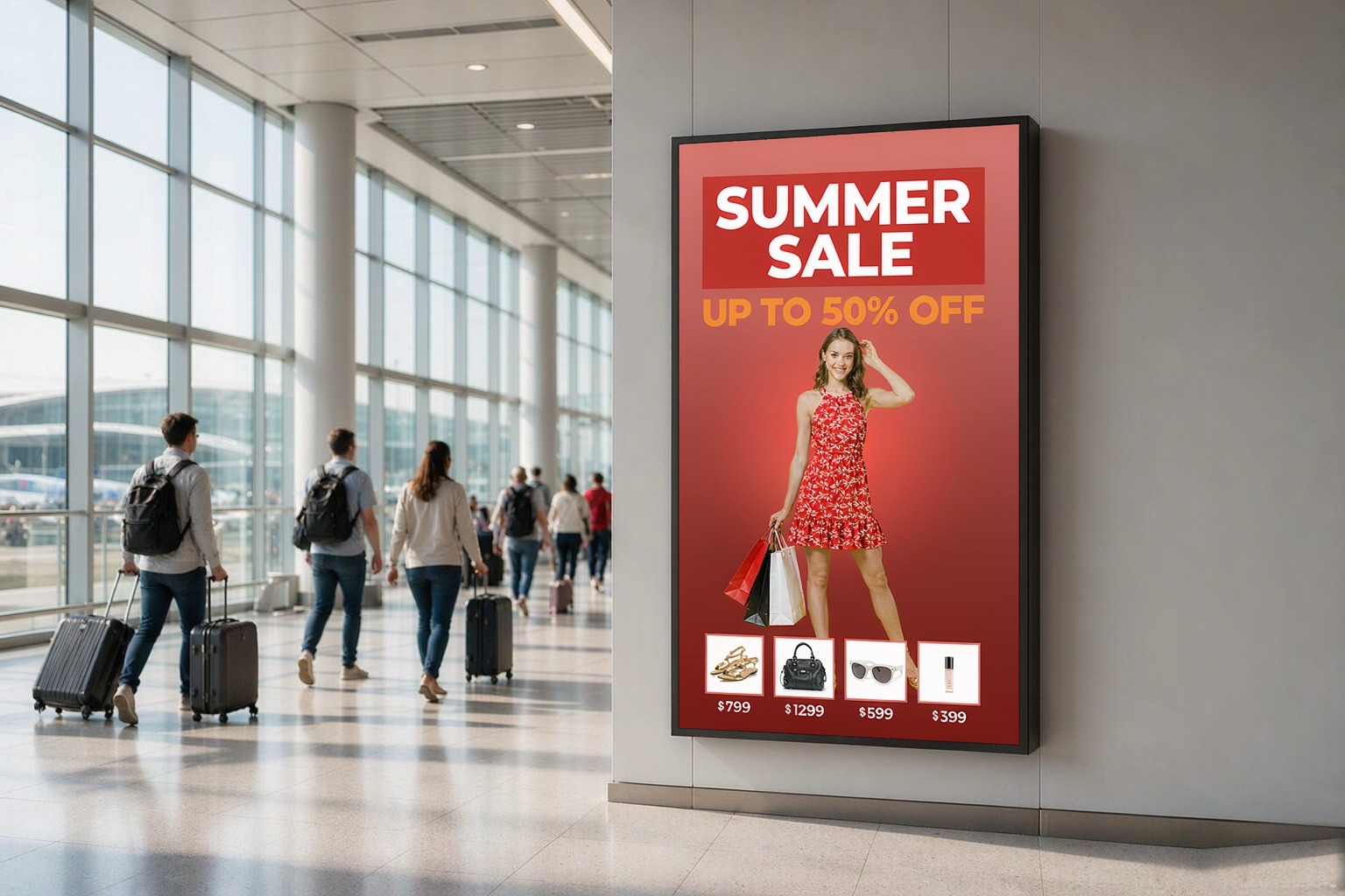 SenseVue digital signage in an airport terminal — public space advertising